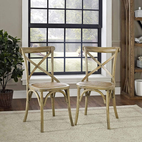 Oakestry Gear Rustic Modern Farmhouse Elm Wood Rattan Two Dining Chairs in Natural