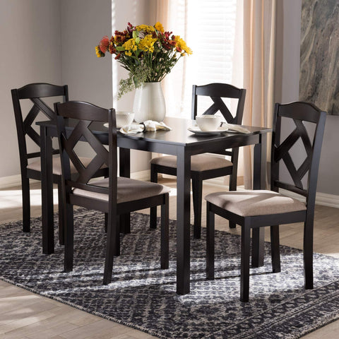 Oakestry Ruth Modern and Contemporary Beige Fabric Upholstered and Dark Brown Finished 5-Piece Dining Set/Contemporary/Beige/Medium Wood/Table/Fabric Polyester 100%&#34;/Solid Rubber Wood/Foam