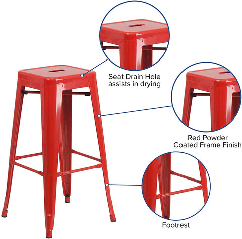 Oakestry Commercial Grade 30&#34; High Backless Red Metal Indoor-Outdoor BarStool with Square Seat