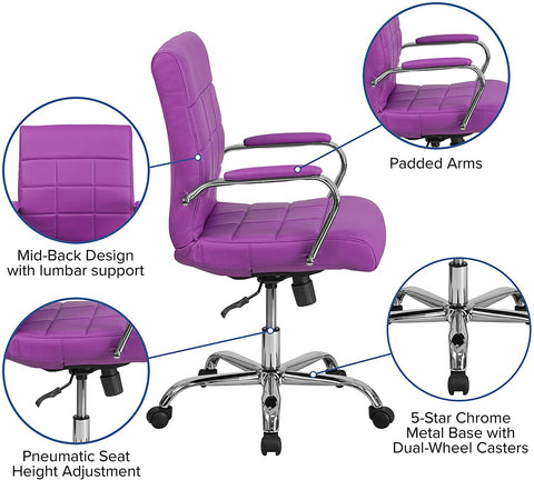 Oakestry Mid-Back Purple Vinyl Executive Swivel Office Chair with Chrome Base and Arms