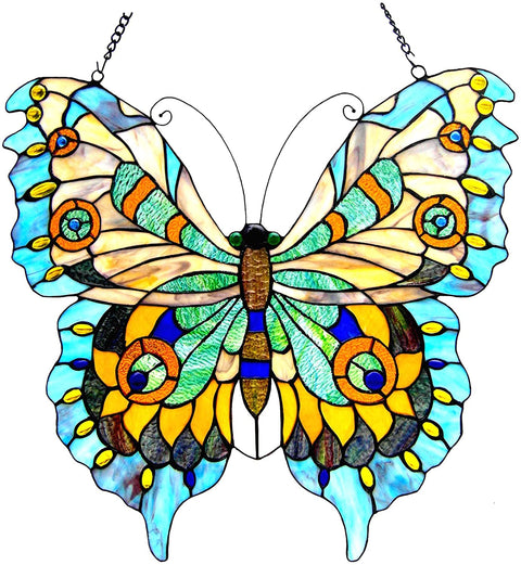 Oakestry Mariposa Tiffany-Glass Butterfly Window Panel 20X21