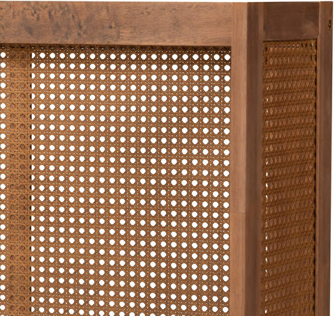 Oakestry Rina Mid-Century Modern Ash Wanut Finished Wood and Synthetic Rattan Full Size Wrap-Around Headboard