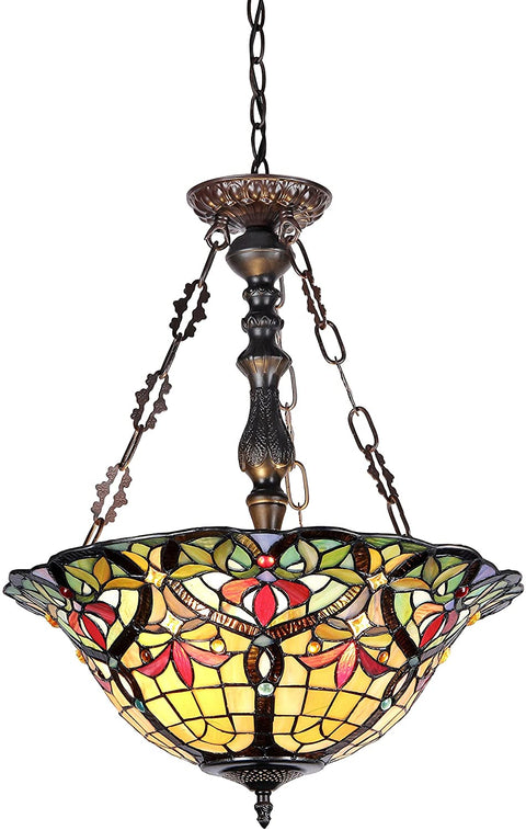 Oakestry CH33389VR18-UH3 Tiffany-Style Victorian 2 Light Inverted Ceiling Pendant 18-Inch Shade, Multi-Colored