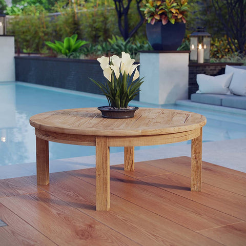 Oakestry Marina Teak Wood Outdoor Patio Round Coffee Table in Natural