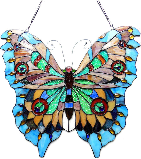 Oakestry Mariposa Tiffany-Glass Butterfly Window Panel 20X21