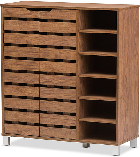 Oakestry Eloise Modern &amp; Contemporary Beech Wood 2 Door Shoe Cabinet with Open Shelves, Walnut