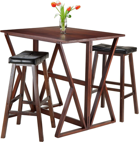 Oakestry 3-Piece Harrington Drop Leaf High Table with 2 Cushion Saddle Seat Stools, 29-Inch, Brown