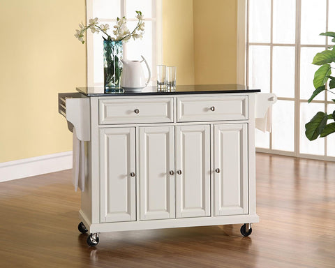 Oakestry Rolling Kitchen Island with Solid Black Granite Top - White