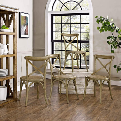 Oakestry Gear Rustic Modern Farmhouse Elm Wood Rattan Four Dining Chairs in Natural