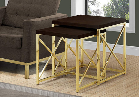 Oakestry I TABLE-2PCS Set/Cappuccino/Gold Metal NESTING TABLE, Brown