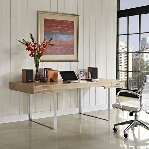 Oakestry Tinker Contemporary Modern Wood and Stainless Steel Office Desk With Two Drawers in Natural