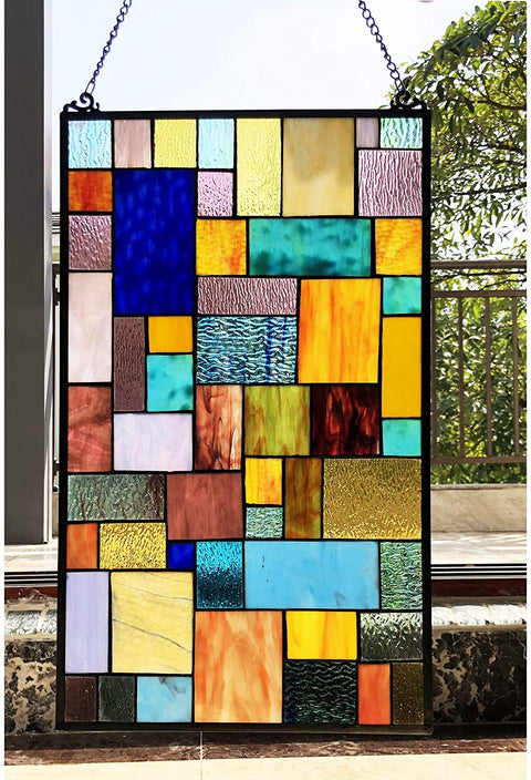 Oakestry CH1P876JM25-GPN Verna Tiffany-Style Geometric Stained Glass Window Panel 25" Height, Multi-Color