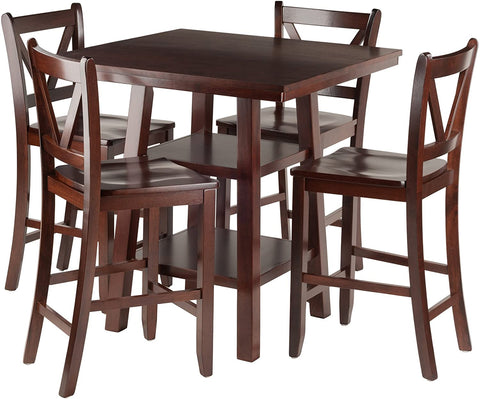 Oakestry Orlando 5 Piece Set High Table, 2 Shelves with 4 V-Back Counter Stools