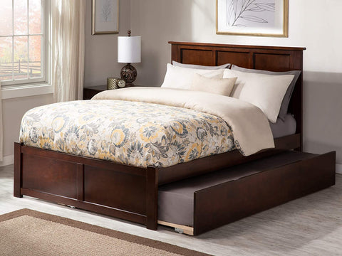 AFI Madison Platform Bed with Footboard and Turbo Charger with Twin Extra Long Trundle, Queen, Walnut