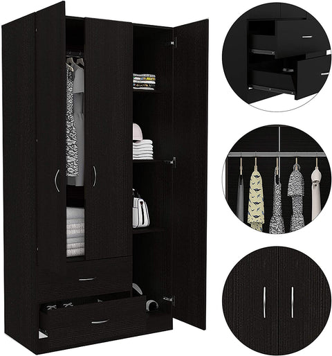 Oakestry Austral Collection 3 Door Armoire/Closet/Wardrobe/Storage Cabinet/Organizer with 2 Drawers, 5 Concealed Shelves and Cloth Rod Great for Storage