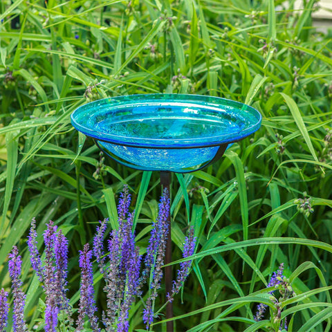 Oakestry GBB-07 12&#34; Crackle, Teal 12 inch Glass birdbath with Stake, Turquoise