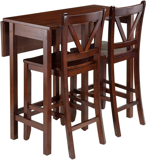 Oakestry Lynnwood Collection 3 Piece Drop Leaf Table with 2 Counter V-Back Stools, Brown