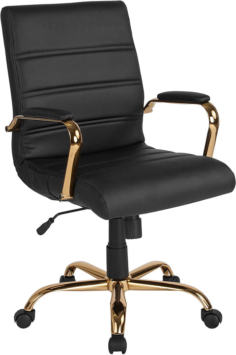 Oakestry Mid-Back Desk Chair - Black LeatherSoft Executive Swivel Office Chair with Gold Frame - Swivel Arm Chair
