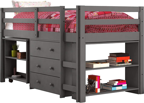 Oakestry kids Low Loft Bed with Desk, Twin, Dark Grey
