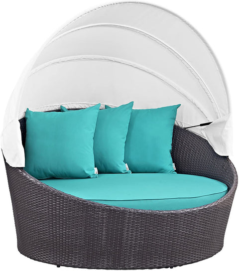 Oakestry Convene Wicker Rattan Outdoor Patio Retractable Canopy Round Poolside Sofa Daybed in Espresso Turquoise