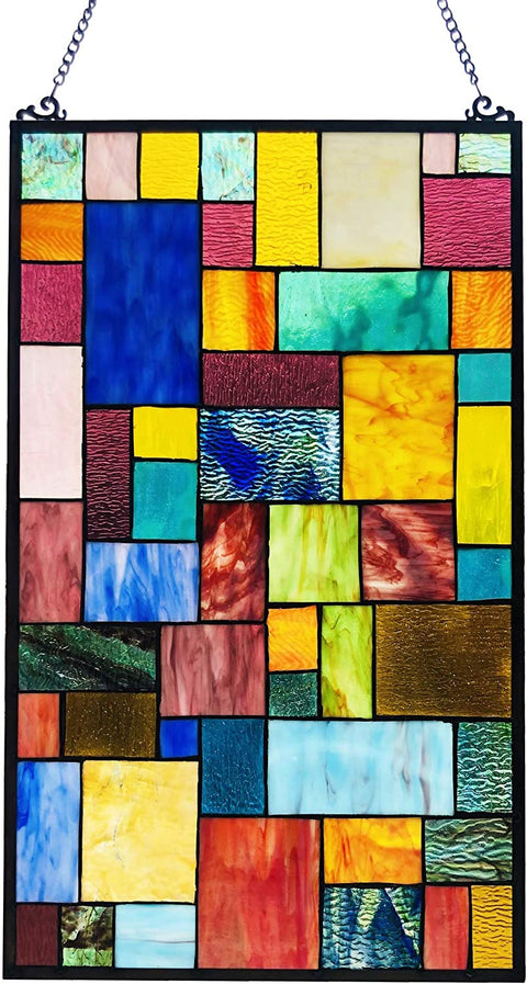 Oakestry CH1P876JM25-GPN Verna Tiffany-Style Geometric Stained Glass Window Panel 25" Height, Multi-Color