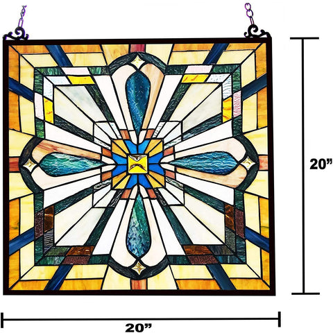 Oakestry CH1P450GM20-GPN Archie Tiffany-Style Mission Stained Glass Window Panel 20&#34; Height, Amber and Blue