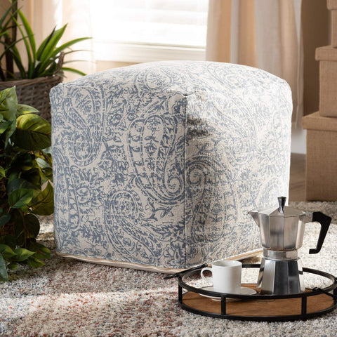 Oakestry Juvita Modern and Contemporary Grey and Blue Handwoven Cotton Paisley Pouf Ottoman