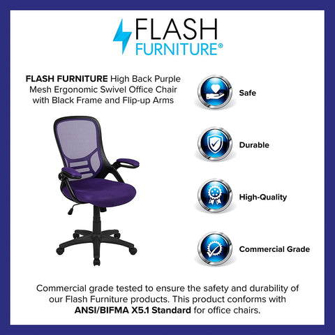 Oakestry High Back Purple Mesh Ergonomic Swivel Office Chair with Black Frame and Flip-up Arms