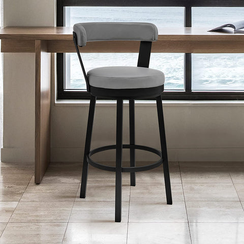 Oakestry Kobe 26&#34; Counter Height Swivel Bar Stool in Black Finish and Grey Faux Leather