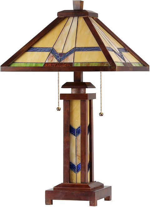 Oakestry CH33430WM15-DT3 Tiffany Alexander -Style Mission 3-Light Double Lit Wooden Table Lamp, 15&#34; x 15&#34; x 25.6&#34;