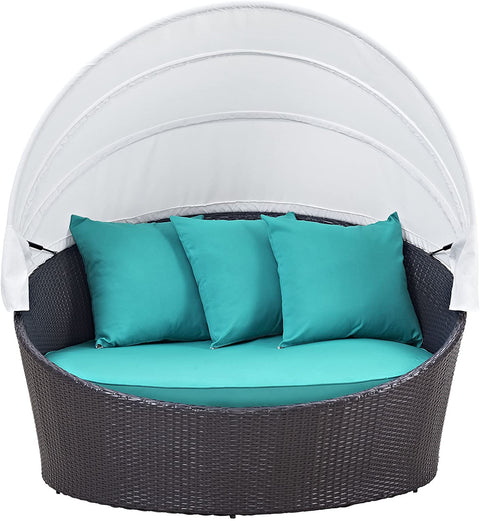 Oakestry Convene Wicker Rattan Outdoor Patio Retractable Canopy Round Poolside Sofa Daybed in Espresso Turquoise