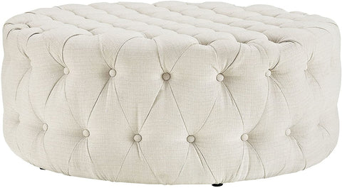 Oakestry Amour Fabric Upholstered Button-Tufted Round, Ottoman, Beige