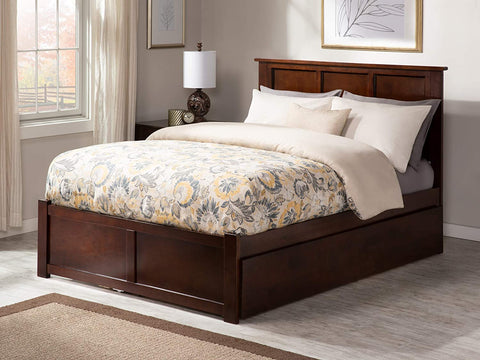 AFI Madison Platform Bed with Footboard and Turbo Charger with Twin Extra Long Trundle, Queen, Walnut