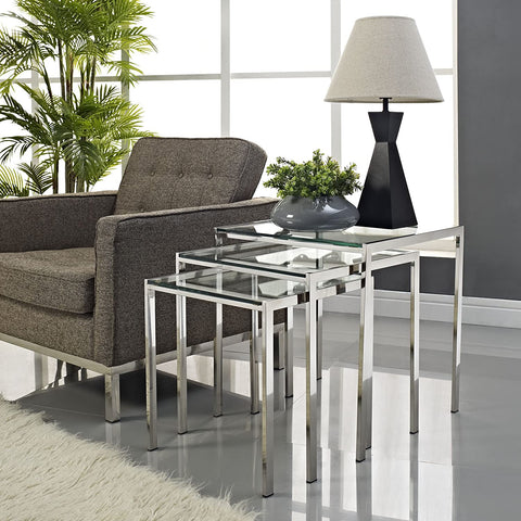 Oakestry Nimble Glass and Stainless Steel 3-Piece Side Nesting Table Set In Silver