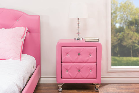 Oakestry Stella Crystal Tufted Pink Leather Modern Nightstand