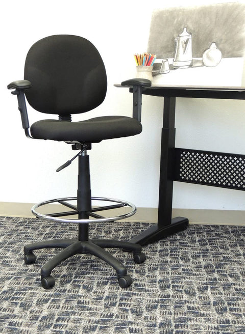 Oakestry B1691-BK Stand Up Fabric Drafting Stool with Adjustable Arms in Black