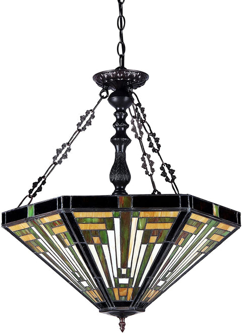 Oakestry CH33359MR22-UH3 Innes Tiffany-Style Mission 3-Light Inverted Ceiling Pendant with Fixture with Shade, 24.3 x 21.7 x 21.7&#34;, Bronze