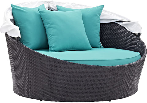 Oakestry Convene Wicker Rattan Outdoor Patio Retractable Canopy Round Poolside Sofa Daybed in Espresso Turquoise