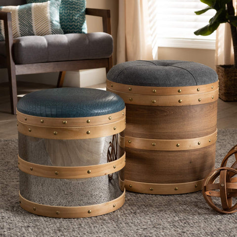 Oakestry Caleb Modern and Contemporary Glam Grey Fabric and Blue Alligator Faux Leather Upholstered 2-Piece Wood and Metal Storage Ottoman Set
