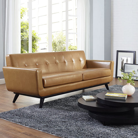 Oakestry Engage Mid-Century Modern Leather Upholstered Sofa in Tan