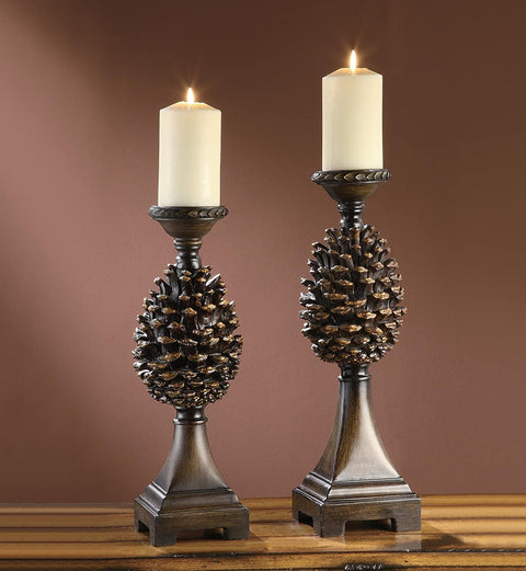 Oakestry Pine Bluff Candleholders Resin Brown 17&#34;/18.5&#34; Ht. Farmhouse Style