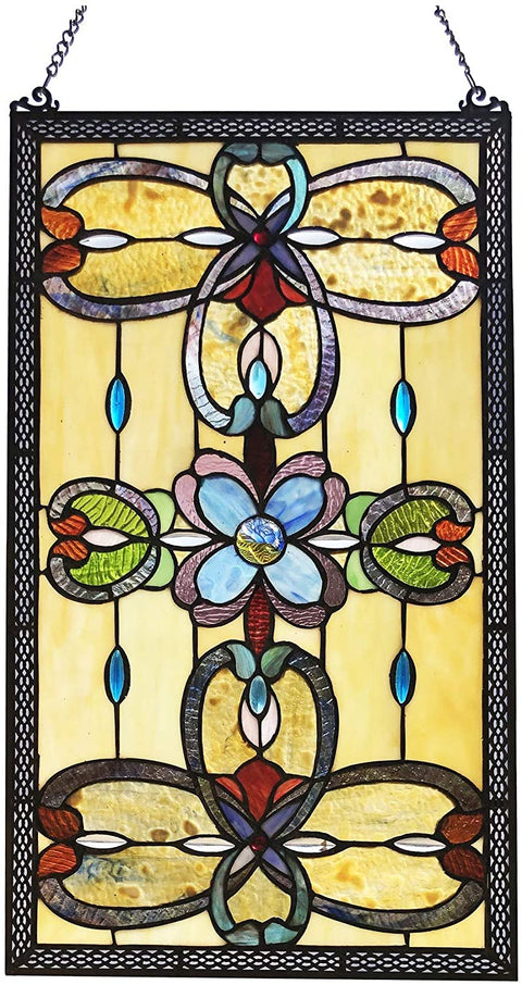 Oakestry CH1P229AV26-GPN Jenice Tiffany-Style Victorian Stained-Glass Window Panel 26&#34; Height, Amber