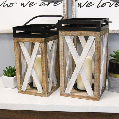 Oakestry Set of 2 Wood Lantern, Large: 7.00W X 7.00D X 20.00H, Height Without Handle 13.75 Medium: 6.25W x 6.25D X 18.25H Height Without Handle, 12.5, Multi