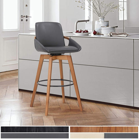 Oakestry Baylor Swivel Wood Bar or Counter Stool in Faux Leather, Gray/Walnut, 30&#34; Bar Height