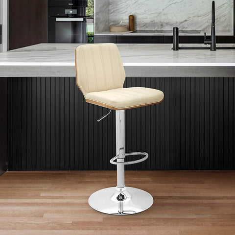 Oakestry Sabine Adjustable Swivel Cream Faux Leather with Walnut Back and Chrome Bar Stool