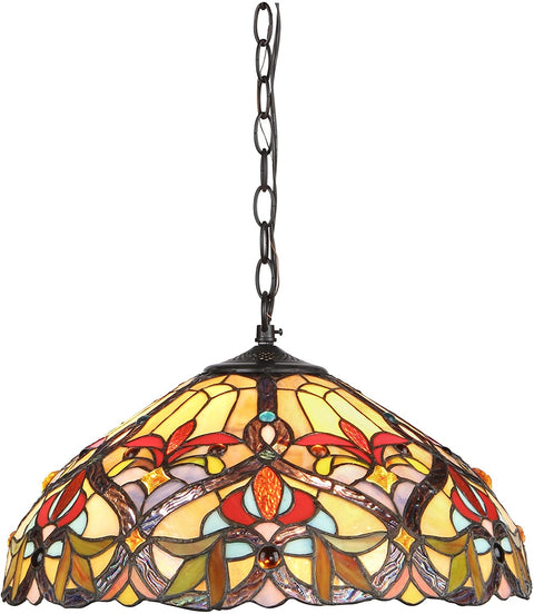Oakestry CH33352VR18-DH2 Tiffany-Style Victorian 2 Light Ceiling Pendant Fixture 18-Inch Shade, Multi-Colored