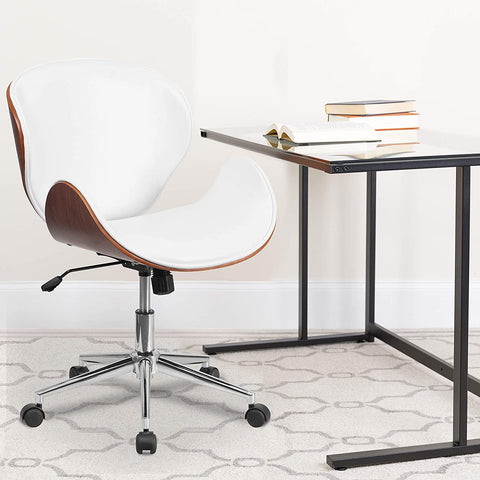 Oakestry Mid-Back Walnut Wood Conference Office Chair in White LeatherSoft