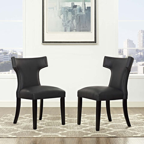 Oakestry Curve Mid-Century Vegan Leather Upholstered Two Dining Chair Set with Nailhead Trim in Black