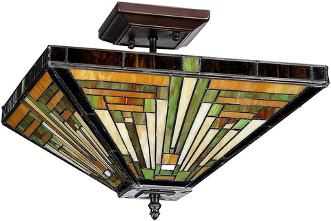 Oakestry CH33359MR14-UF2 Innes 2-Light Tiffany Style Mission Semi Flush Ceiling Fixture with Shade, 11.2 x 14 x 14&#34;, Bronze