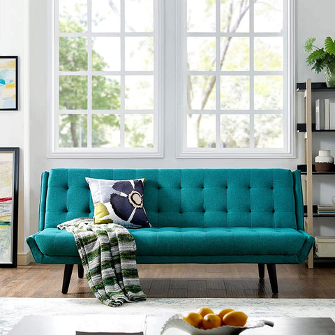 Oakestry Glance Mid-Century Modern Upholstered Fabric Convertible Futon Sofa Bed Couch In Teal